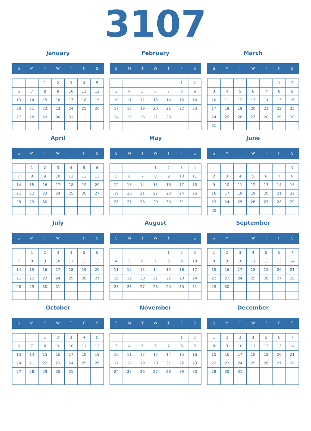 Printable 3107 Year Calendars blue