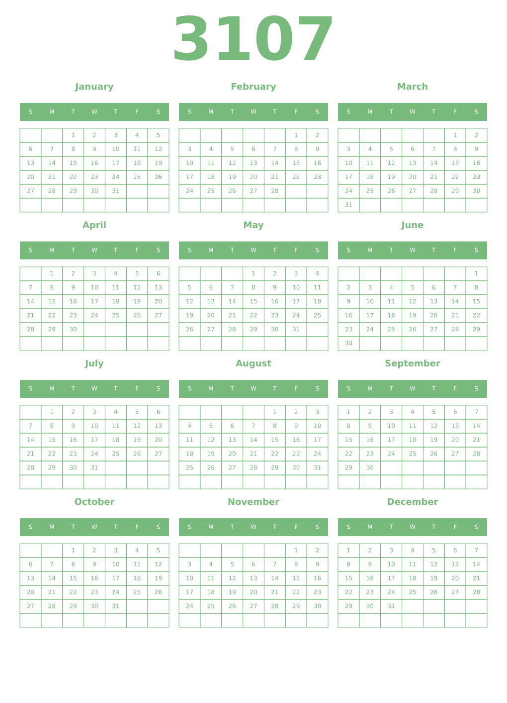 Printable 3107 Year Calendars celadon
