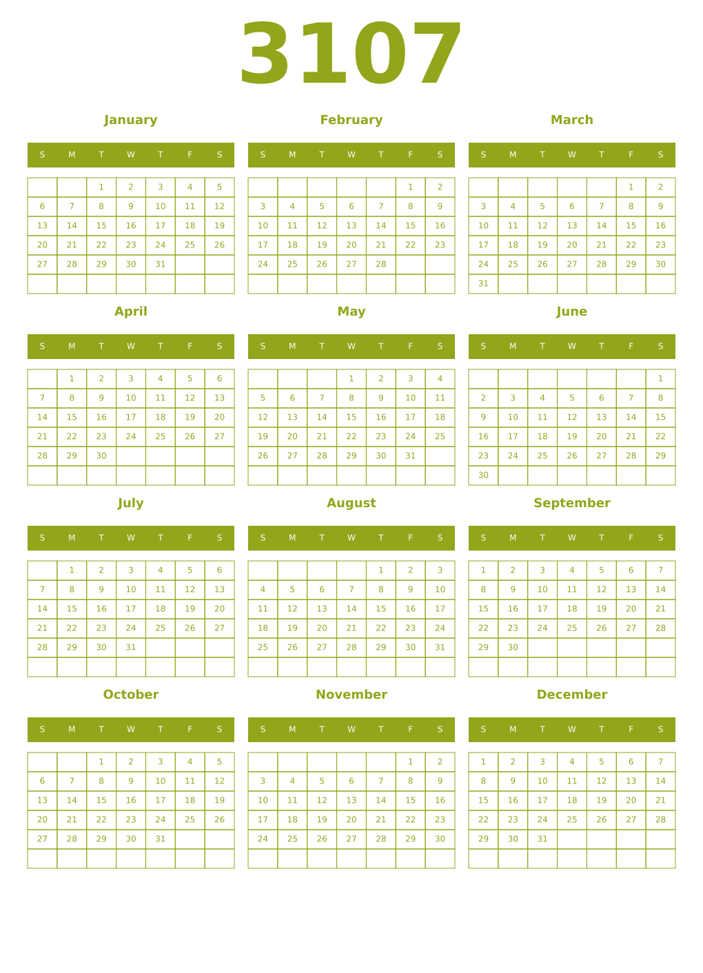 Printable 3107 Year Calendars chartreuse