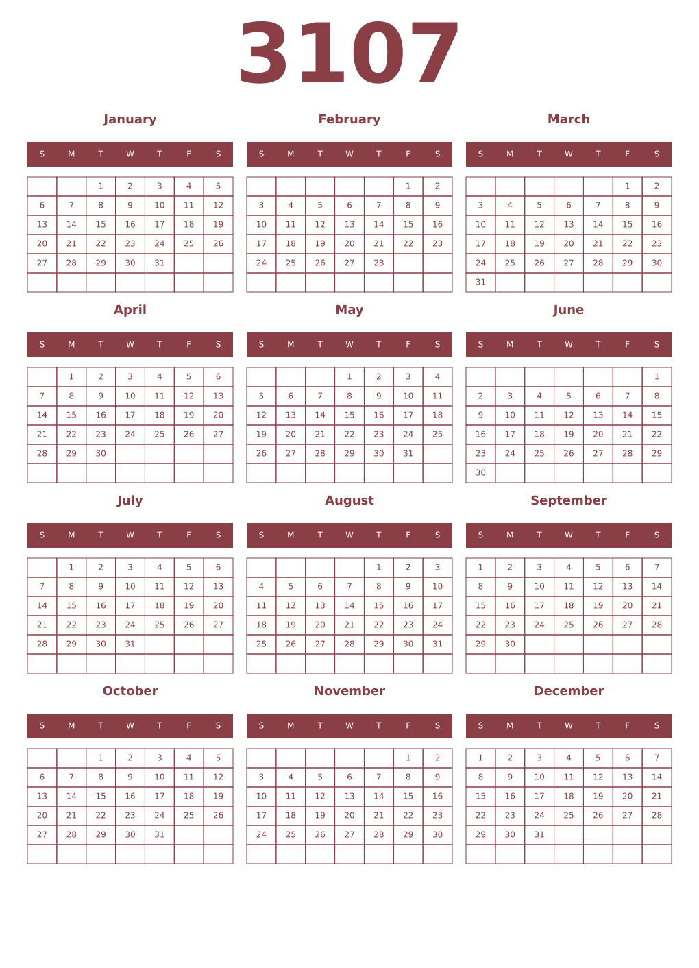Printable 3107 Year Calendars cordovan