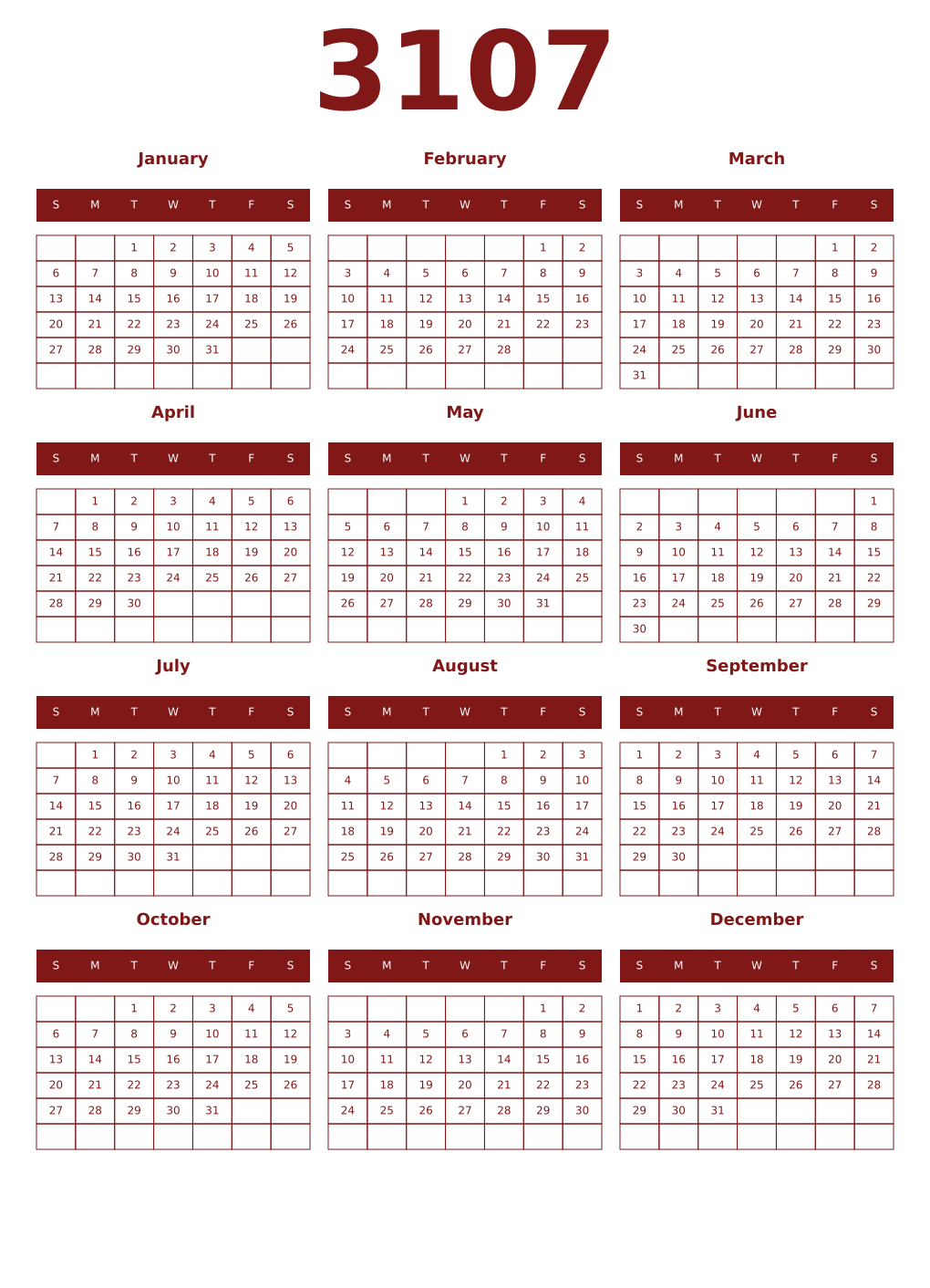Printable 3107 Year Calendars falu