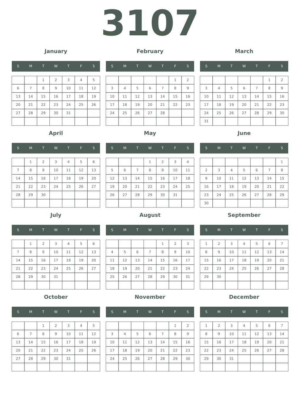 Printable 3107 Year Calendars feldgrau