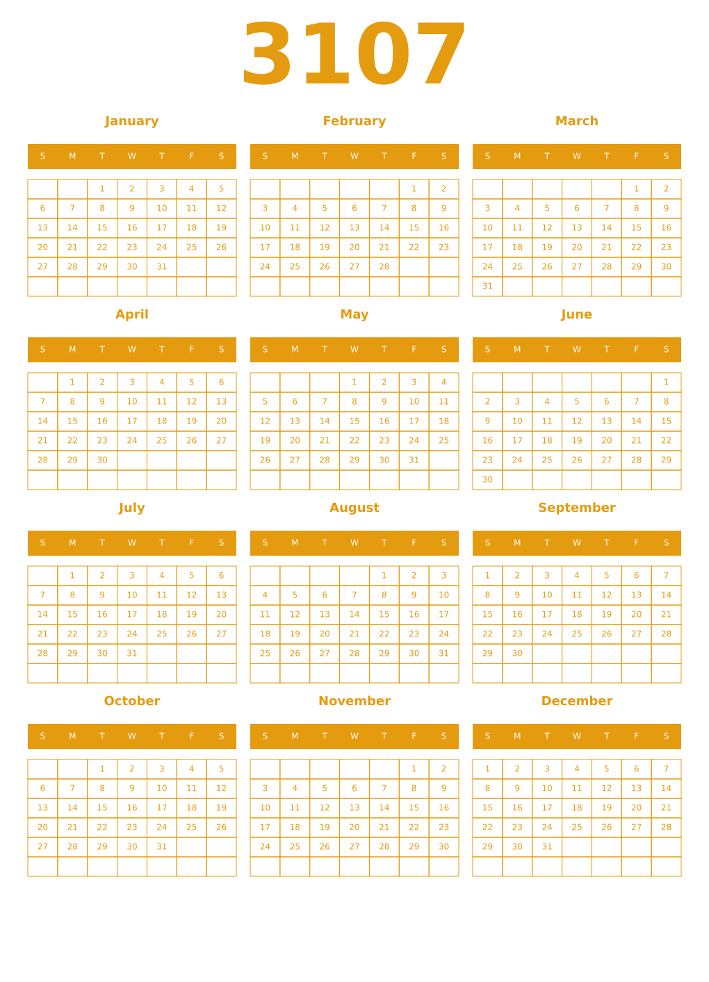 Printable 3107 Year Calendars gamboge