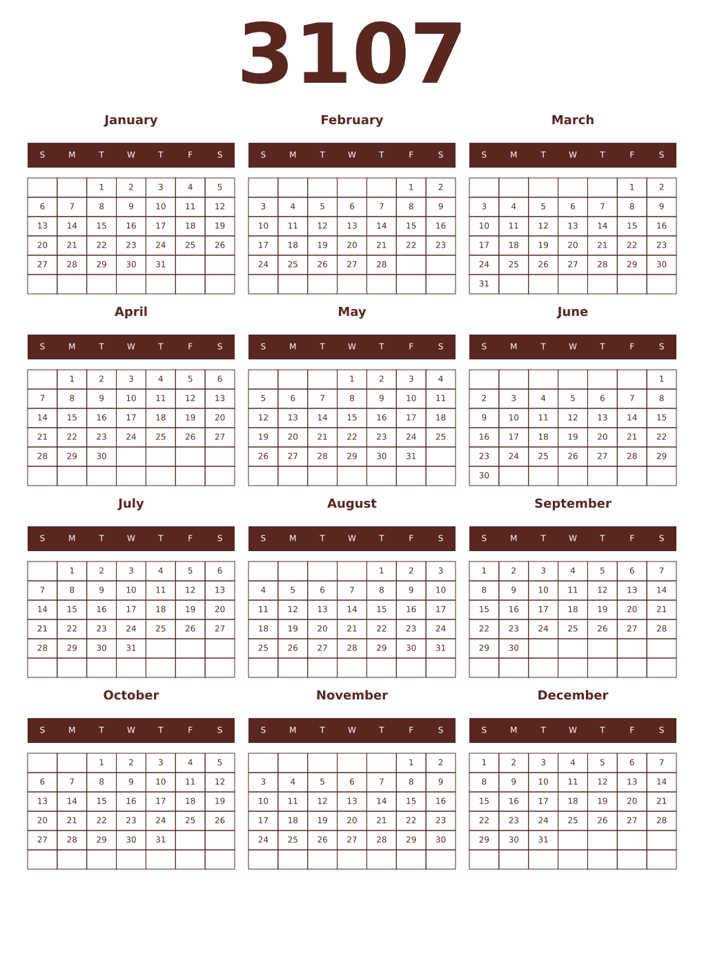 Printable 3107 Year Calendars mortuum
