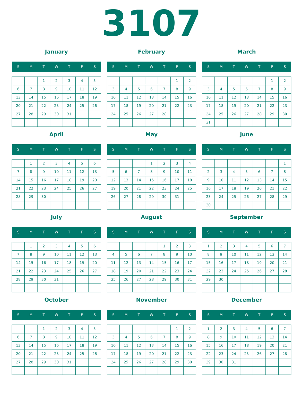 Printable 3107 Year Calendars pastel