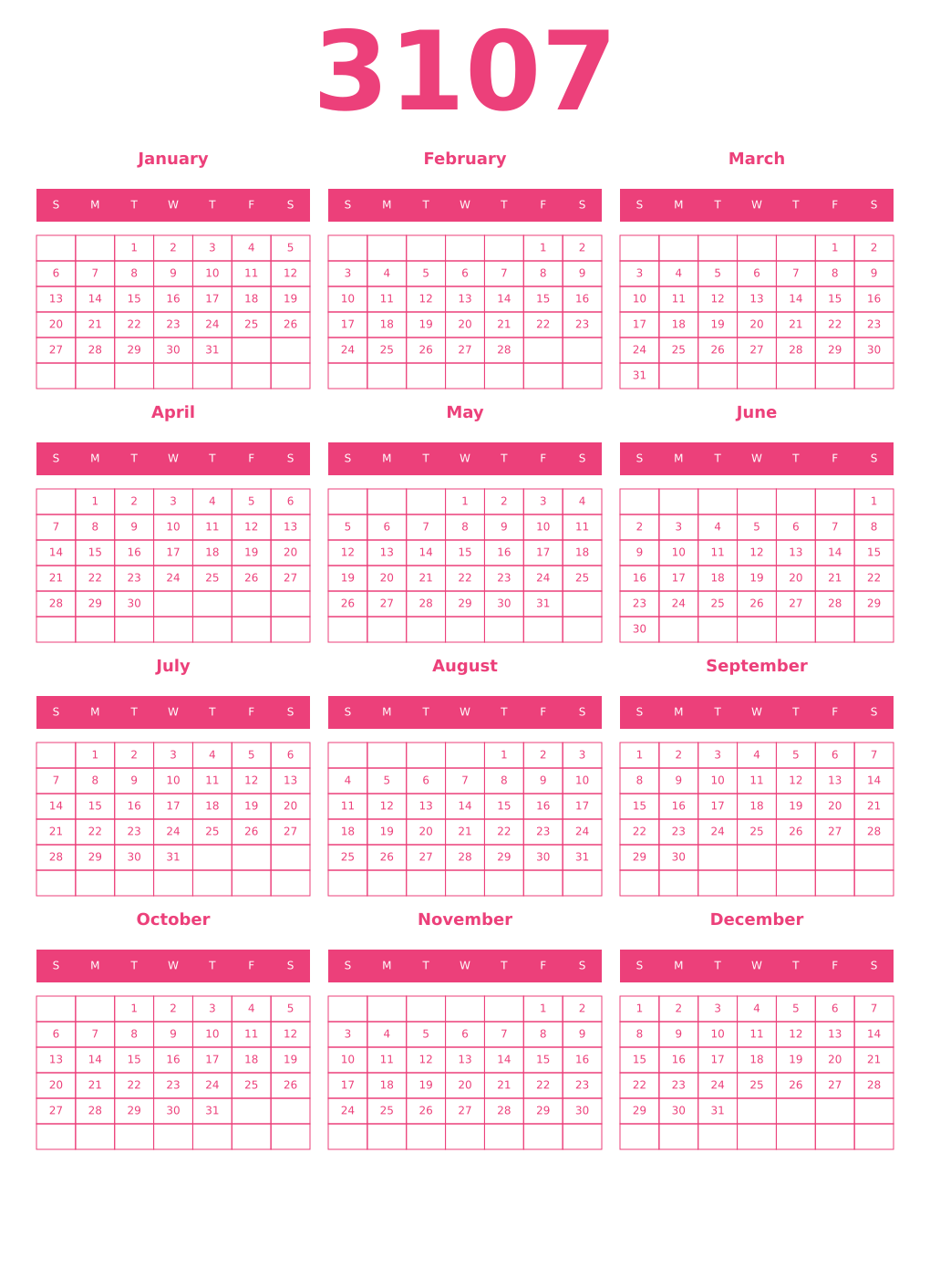 Printable 3107 Year Calendars pink