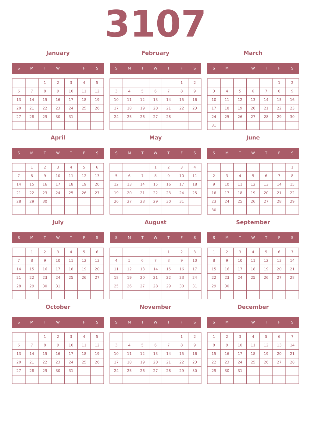 Printable 3107 Year Calendars puce