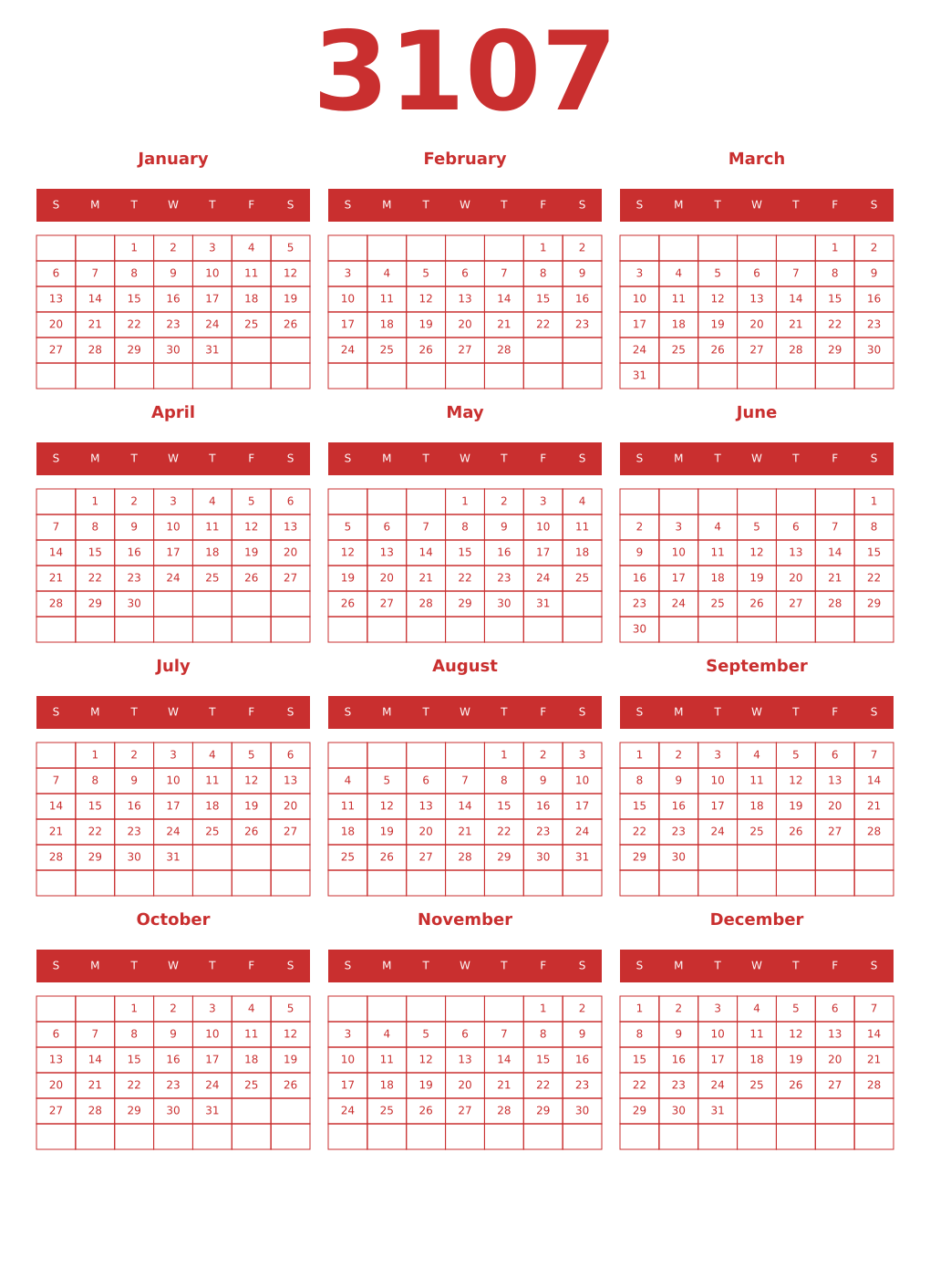Printable 3107 Year Calendars red