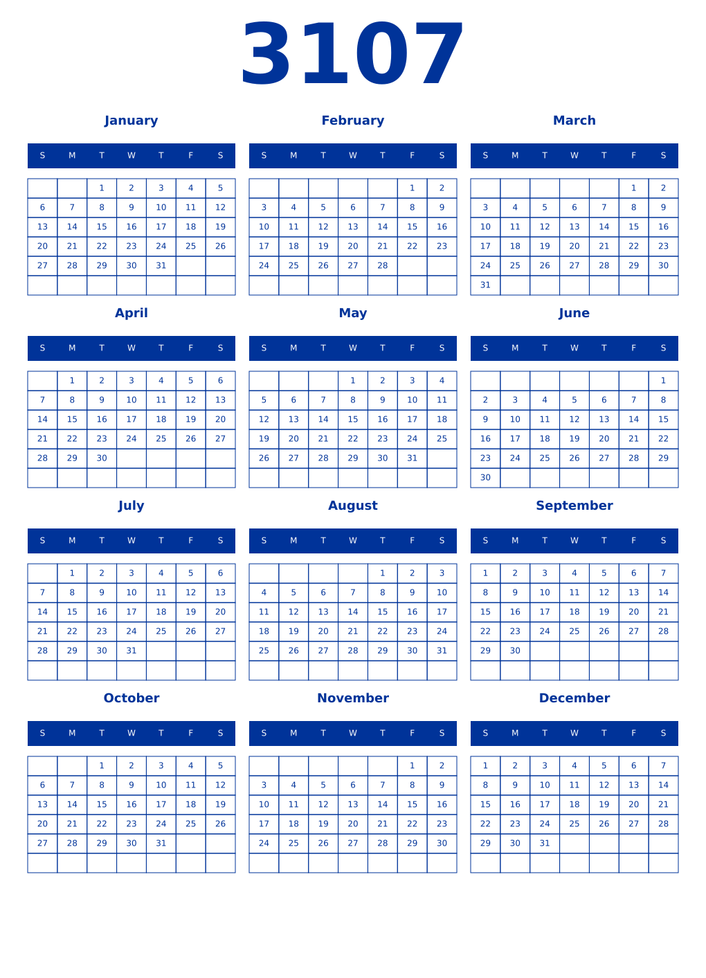 Printable 3107 Year Calendars smalt