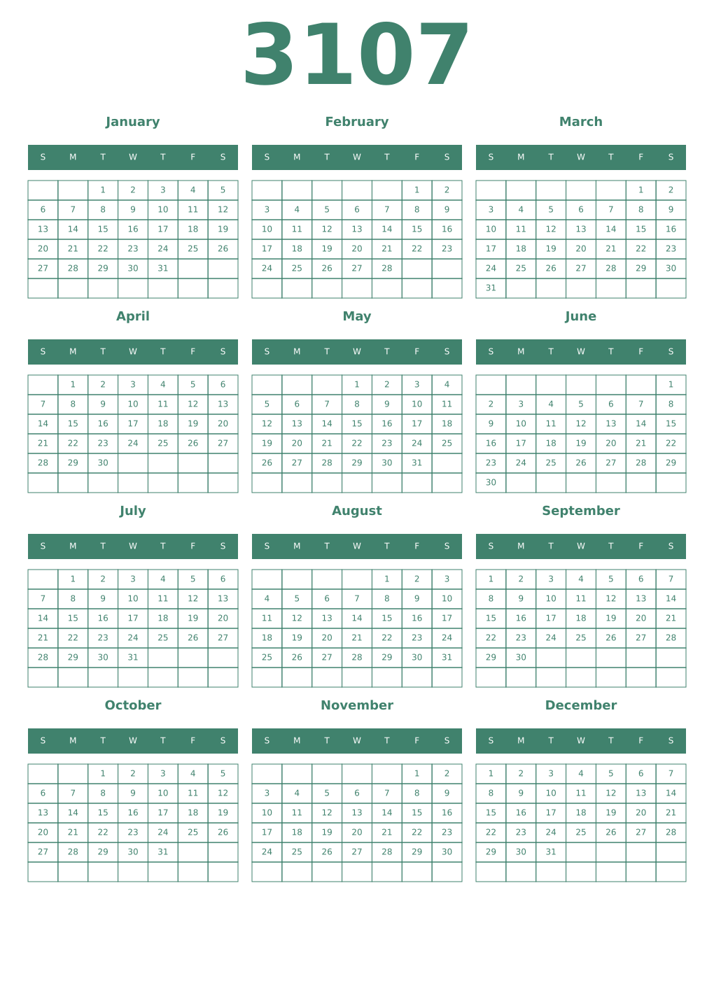 Printable 3107 Year Calendars viridian