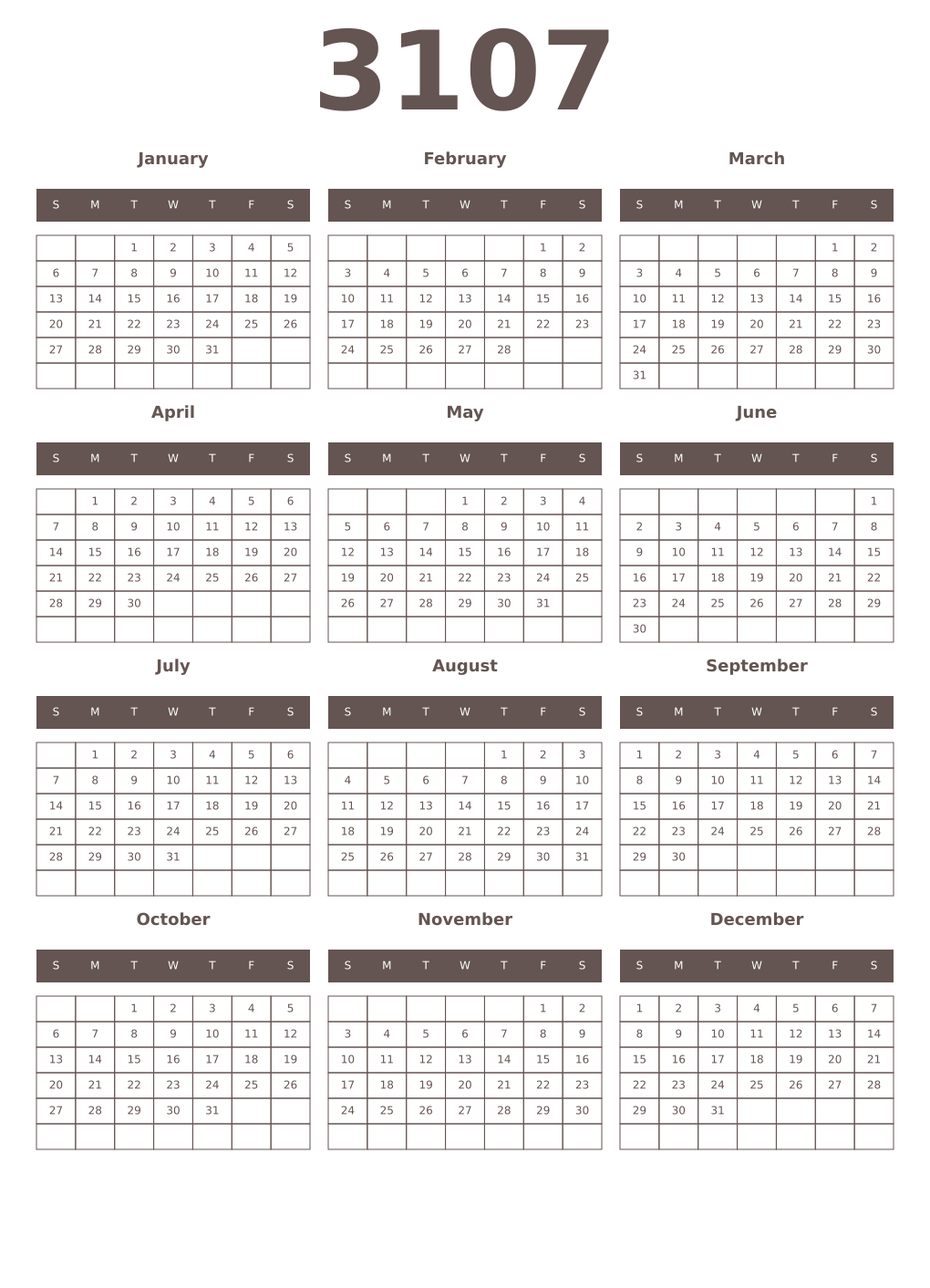 Printable 3107 Year Calendars wenge