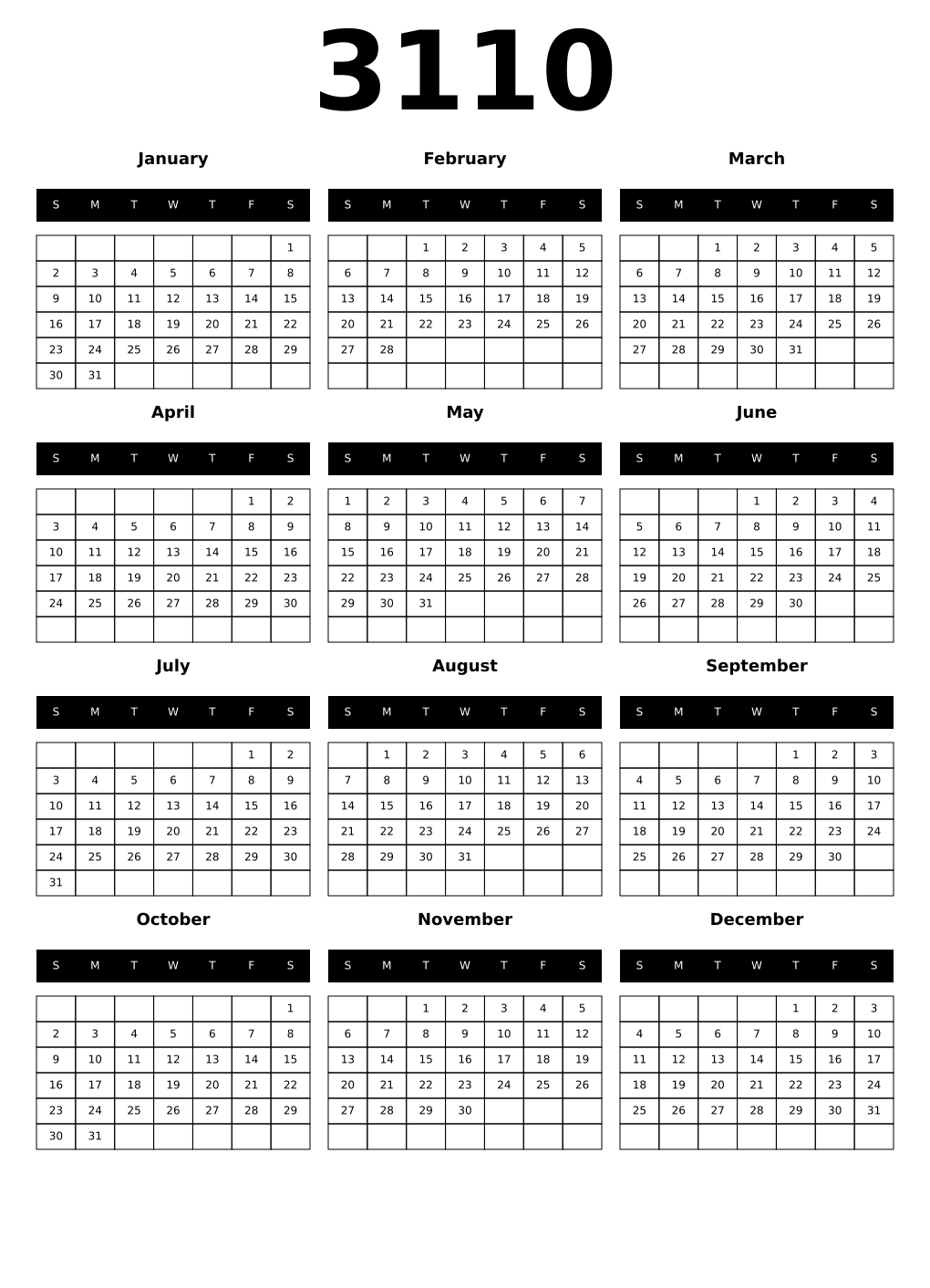 Printable 3110 Year Calendars black
