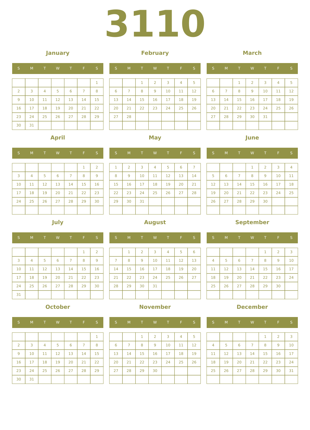 Printable 3110 Year Calendars eburnean