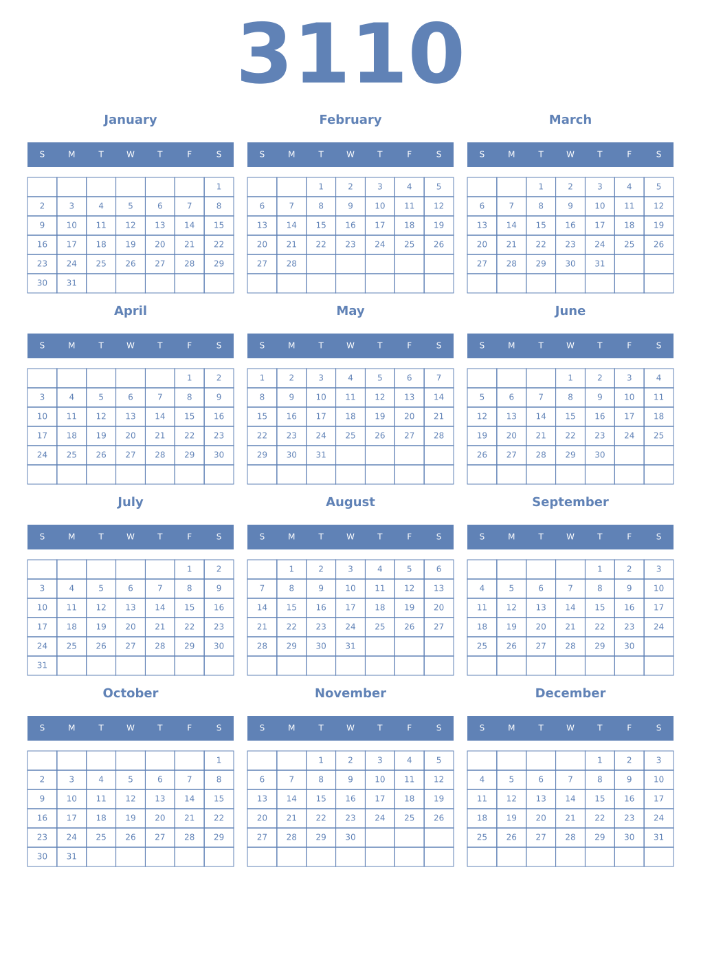 Printable 3110 Year Calendars glaucous