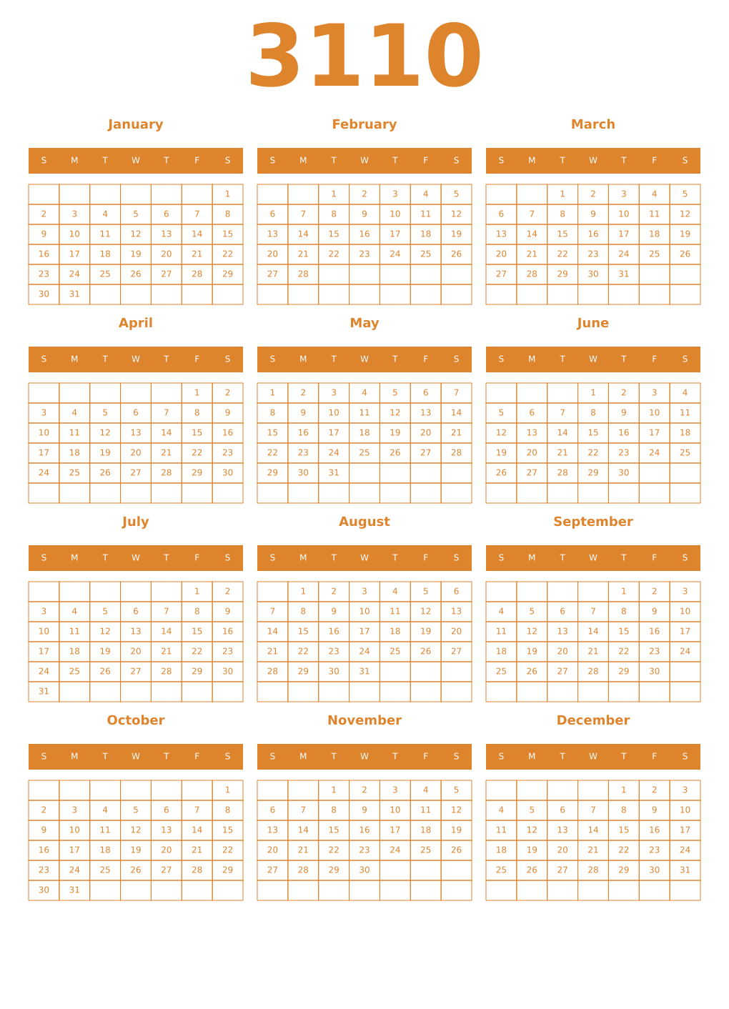 Printable 3110 Year Calendars orange