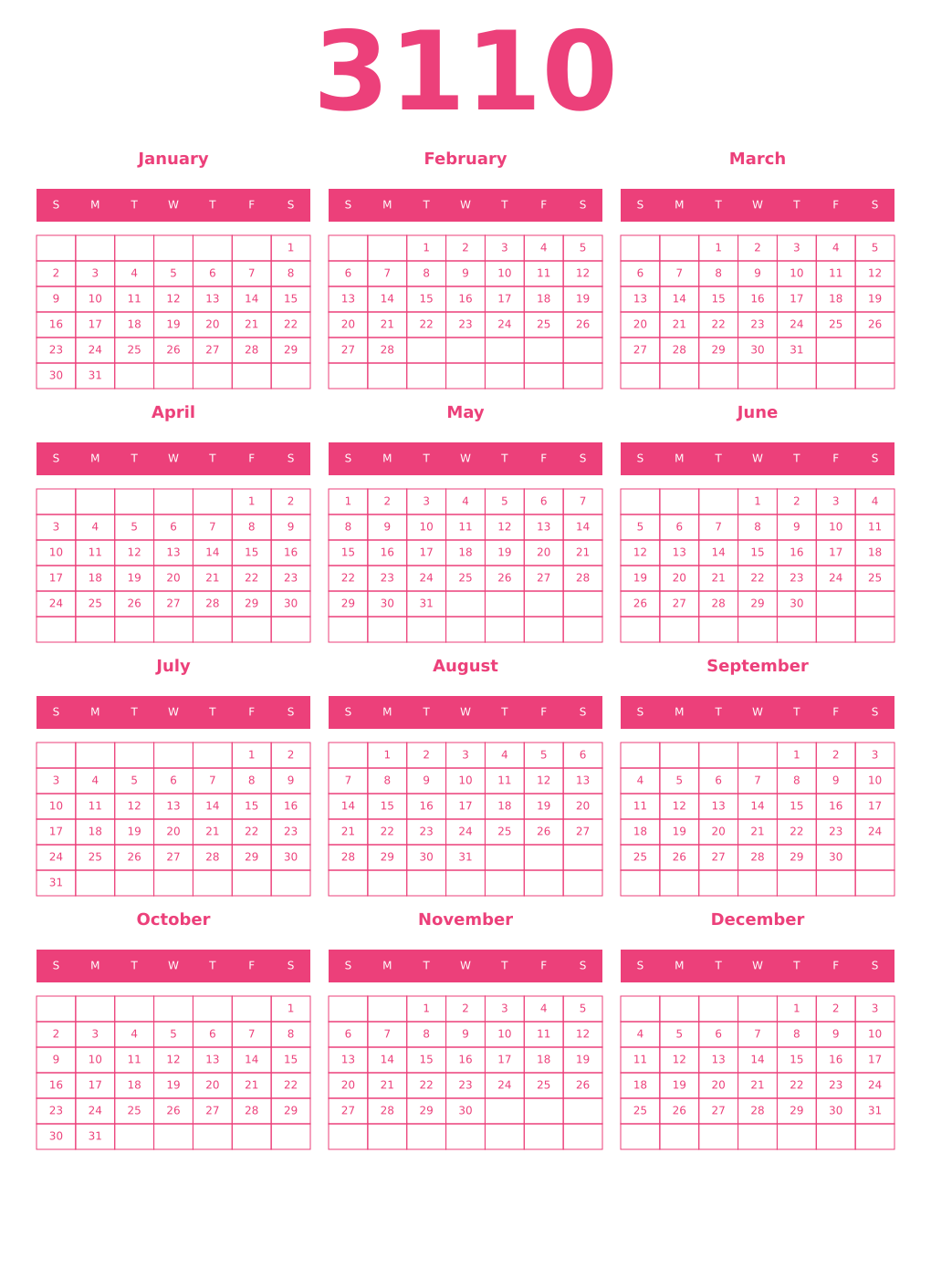 Printable 3110 Year Calendars pink