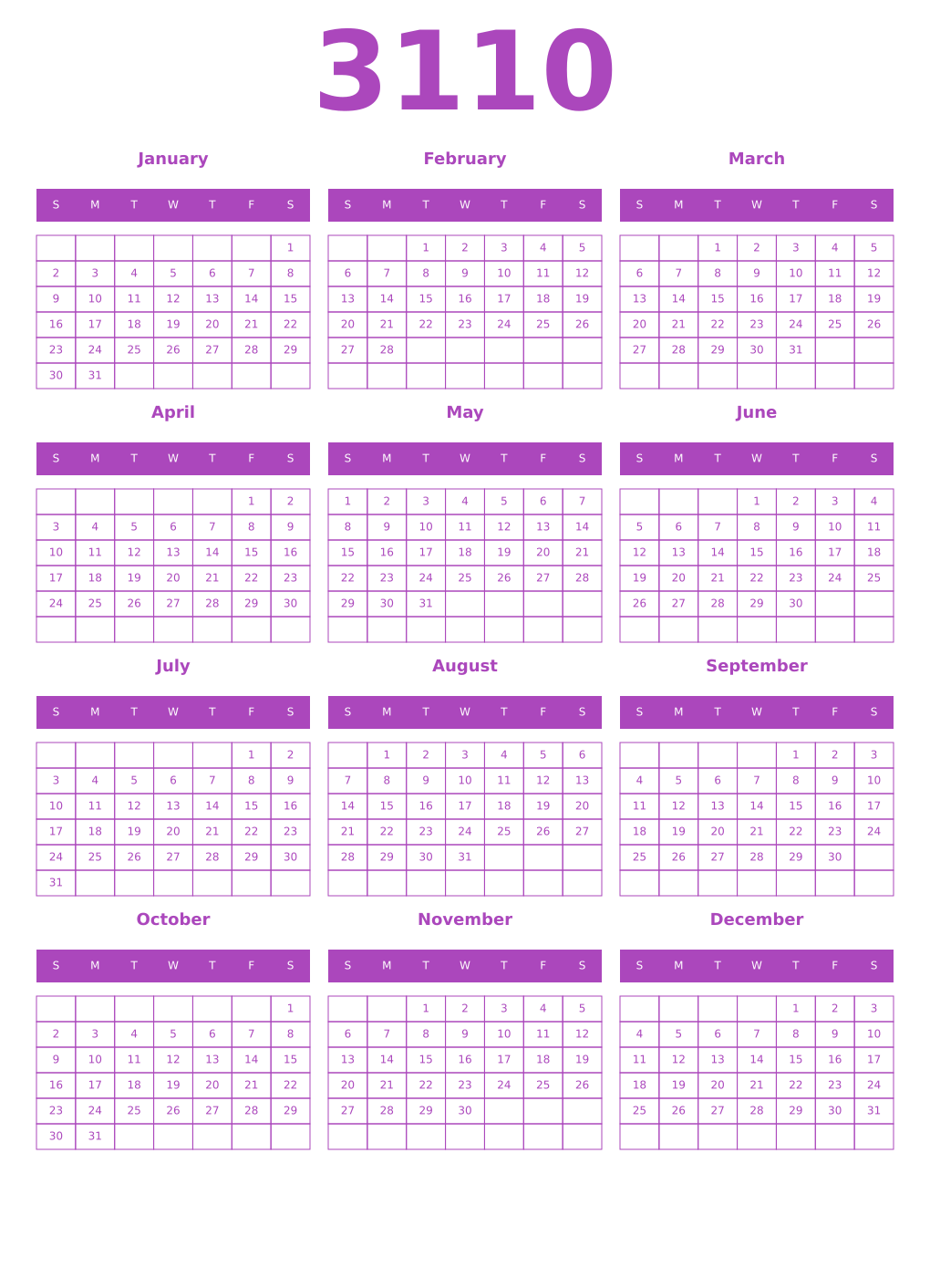Printable 3110 Year Calendars purple