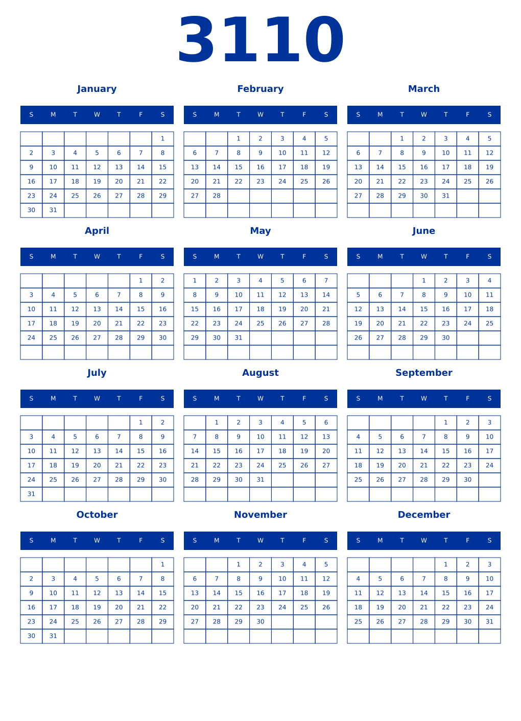 Printable 3110 Year Calendars smalt
