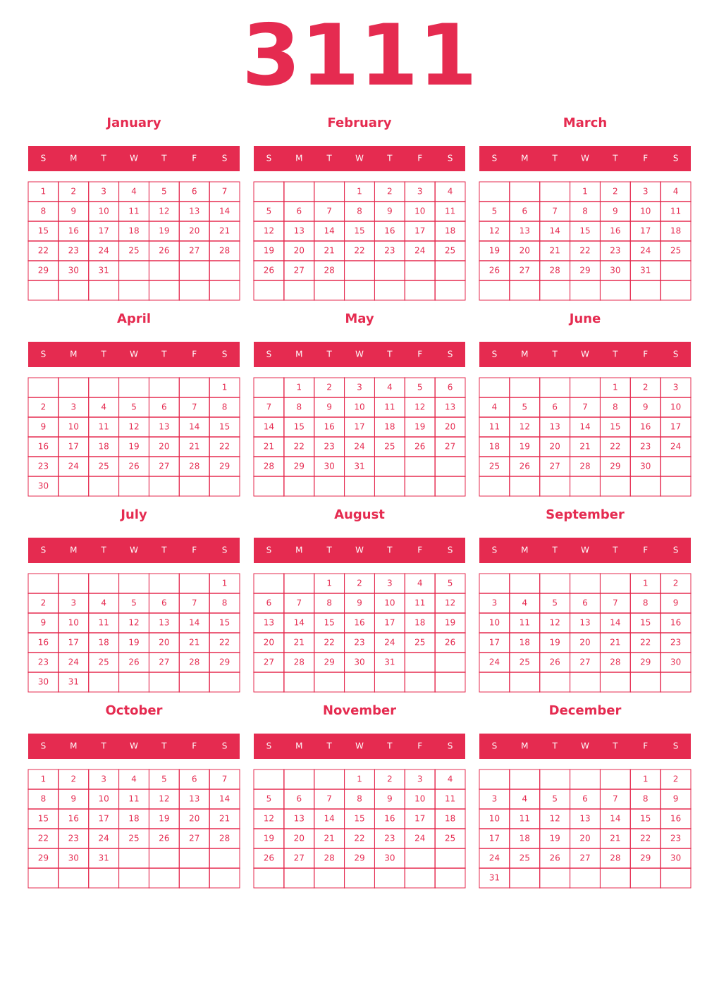 Printable 3111 Year Calendars amaranth