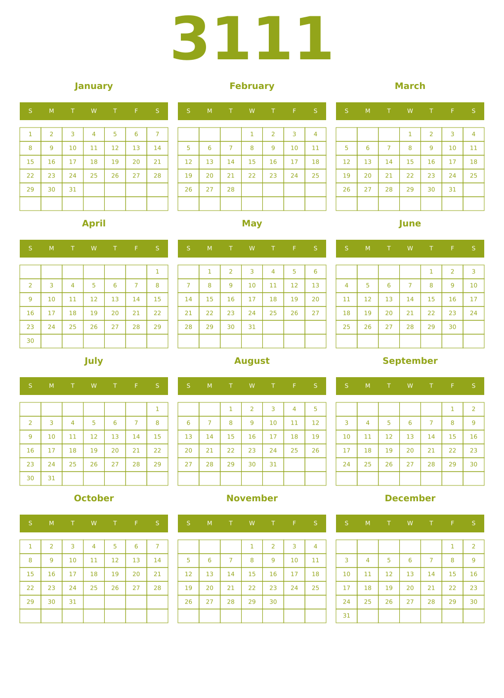 Printable 3111 Year Calendars chartreuse