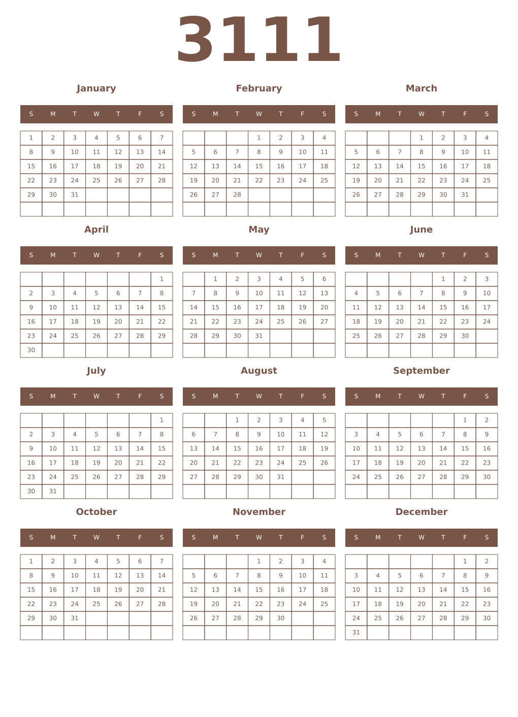 Printable 3111 Year Calendars coffe