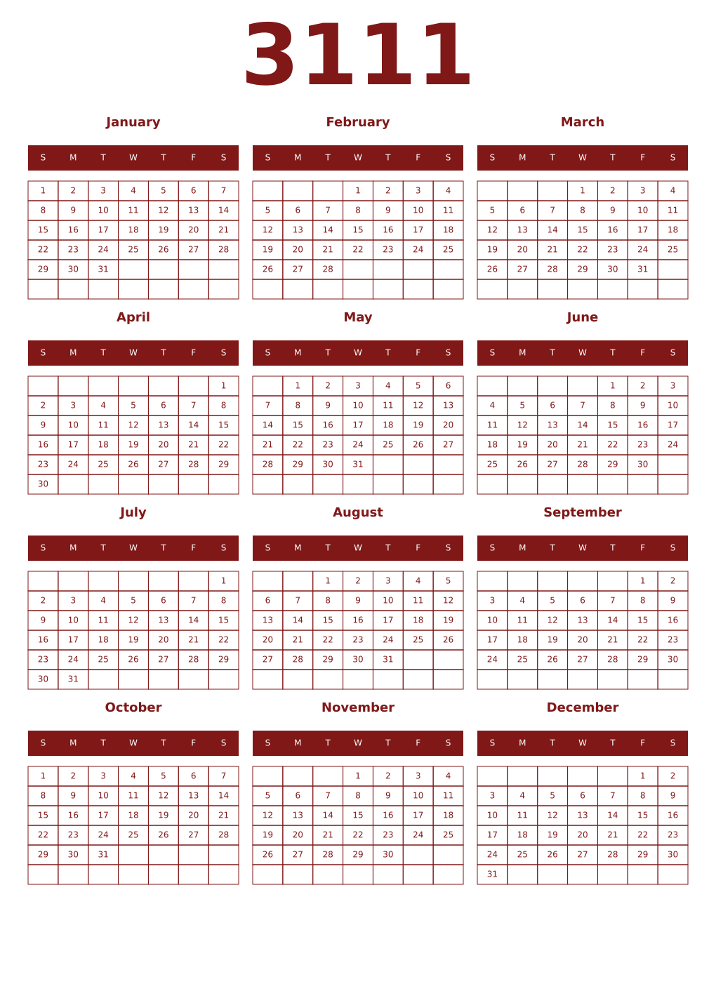 Printable 3111 Year Calendars falu