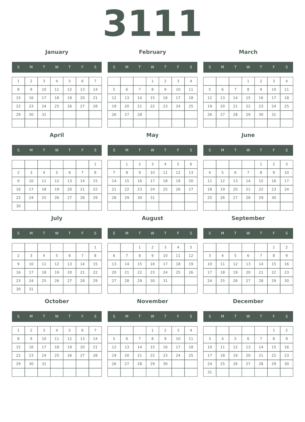 Printable 3111 Year Calendars feldgrau