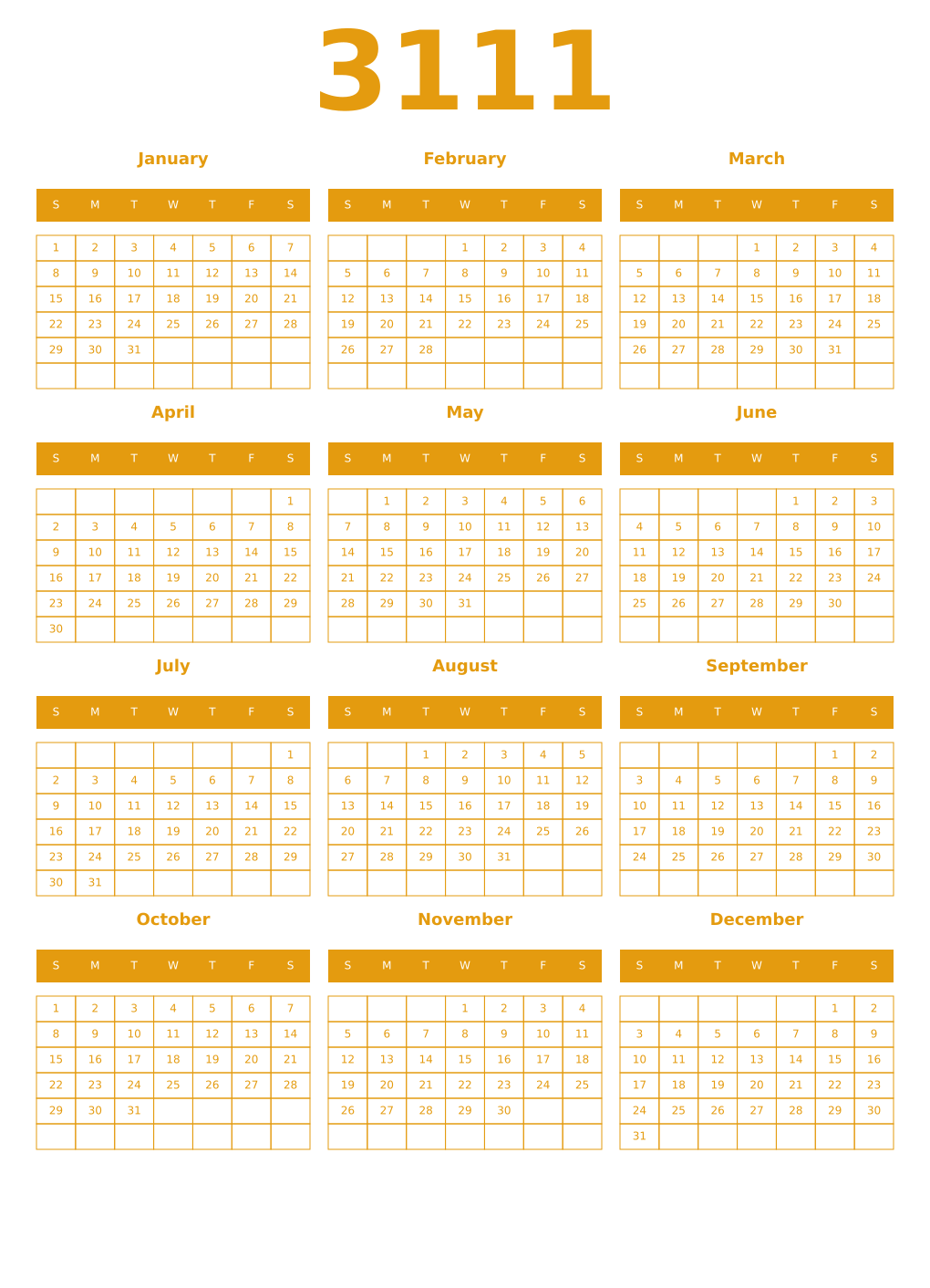 Printable 3111 Year Calendars gamboge