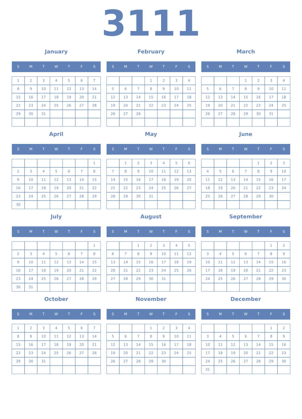 Printable 3111 Year Calendars glaucous