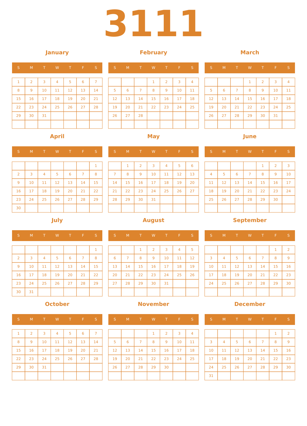 Printable 3111 Year Calendars orange