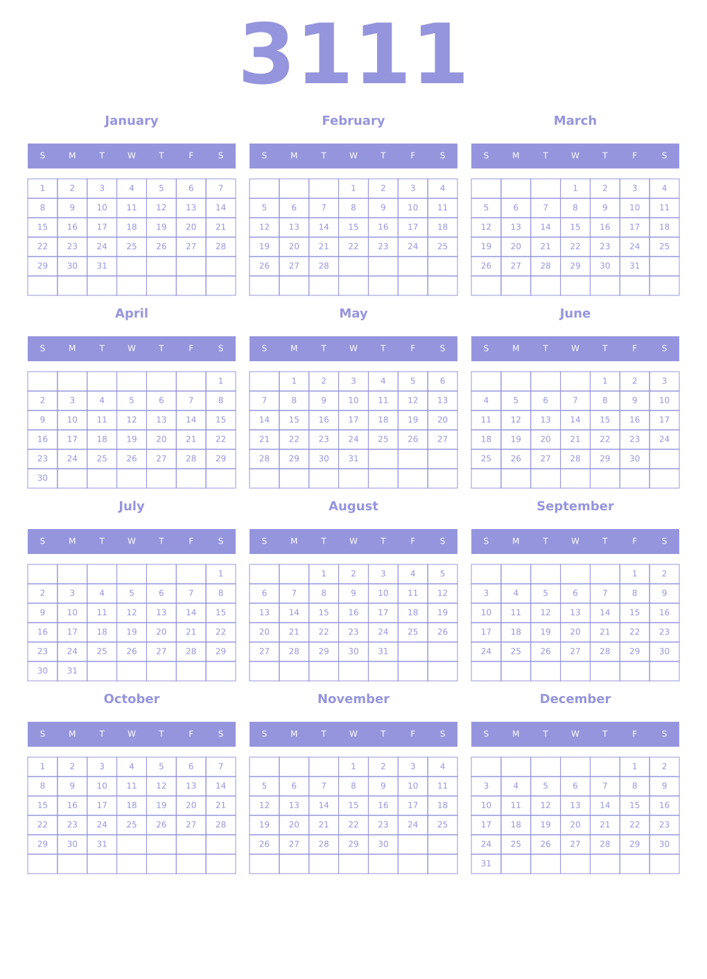 Printable 3111 Year Calendars periwinkle