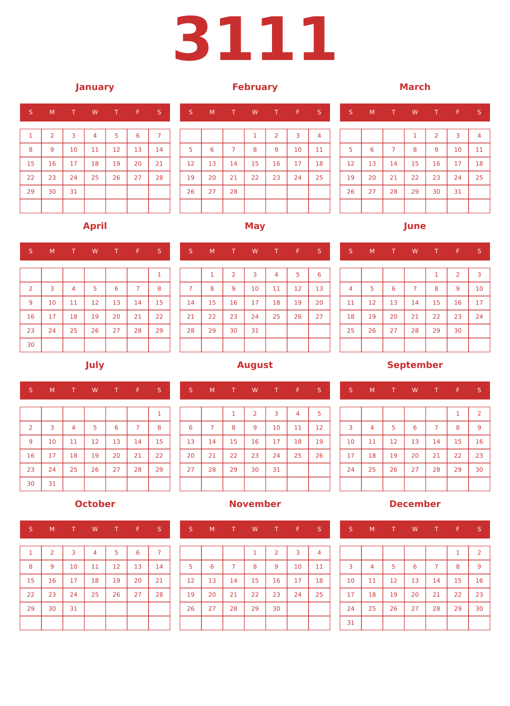 Printable 3111 Year Calendars red