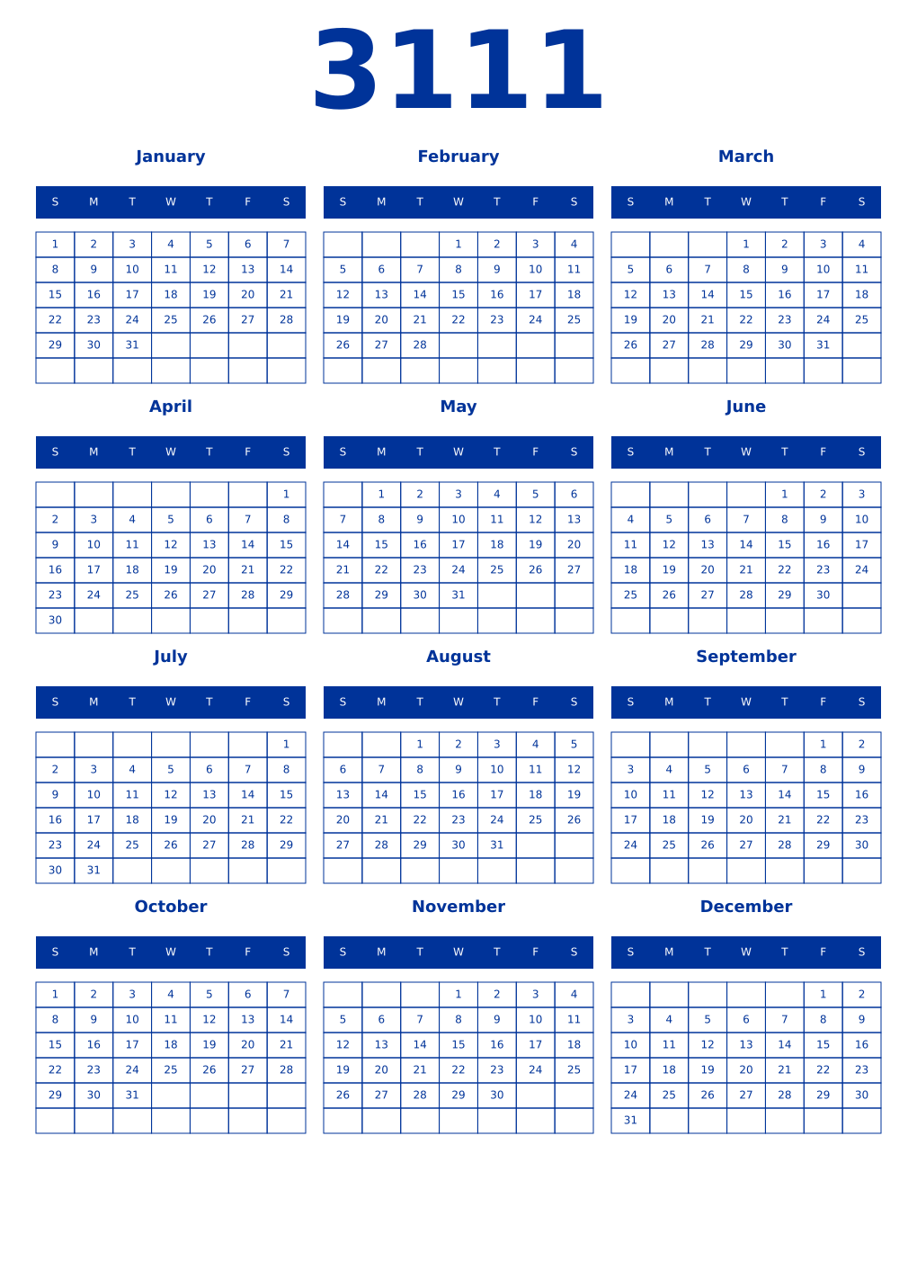 Printable 3111 Year Calendars smalt