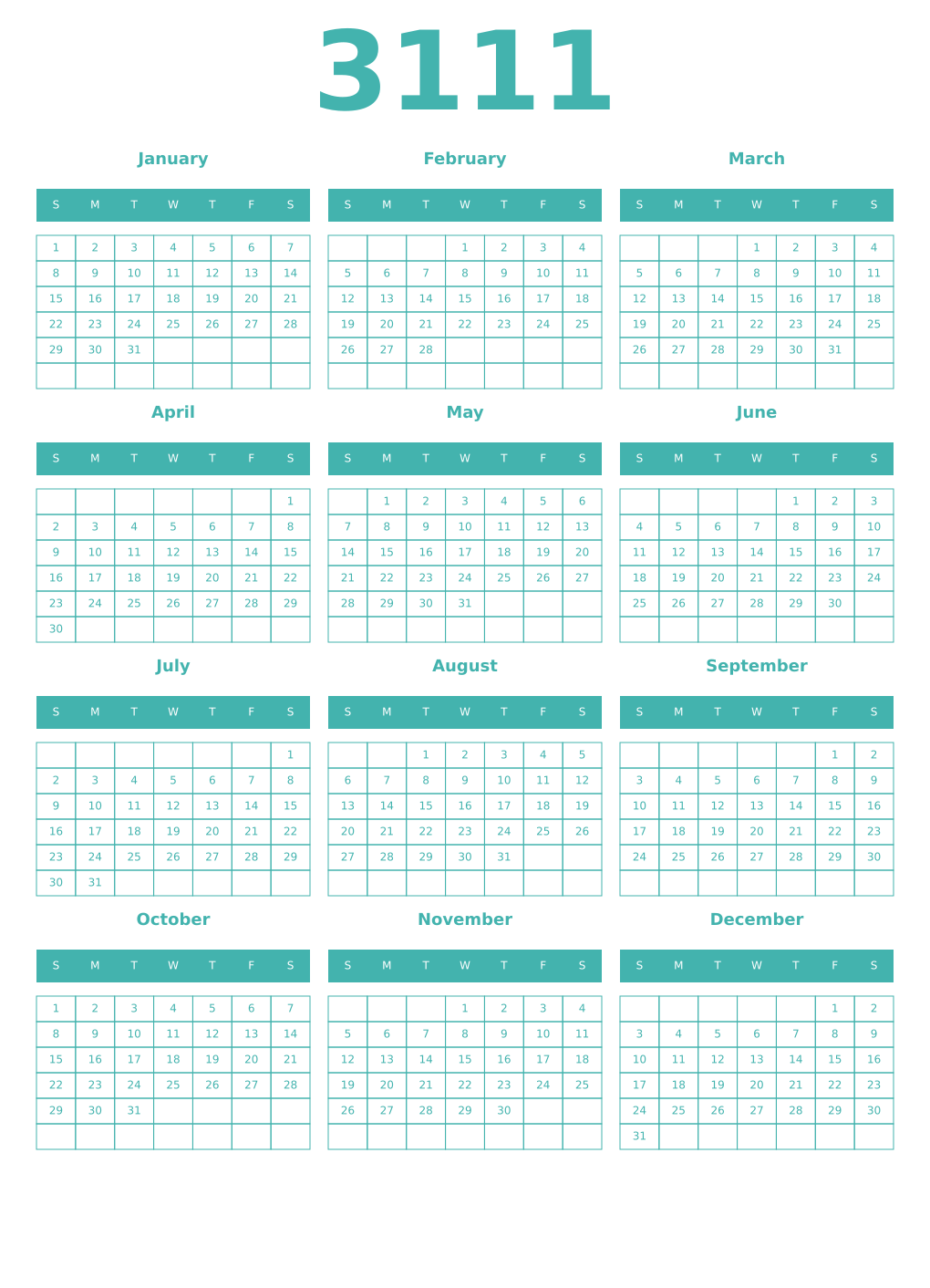 Printable 3111 Year Calendars verdigris