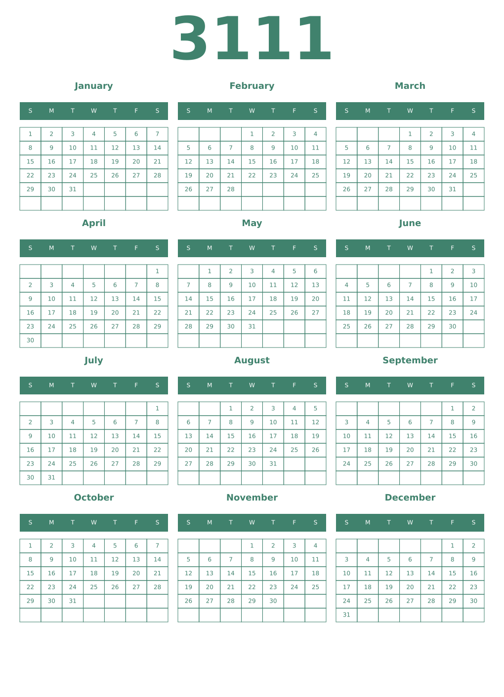 Printable 3111 Year Calendars viridian