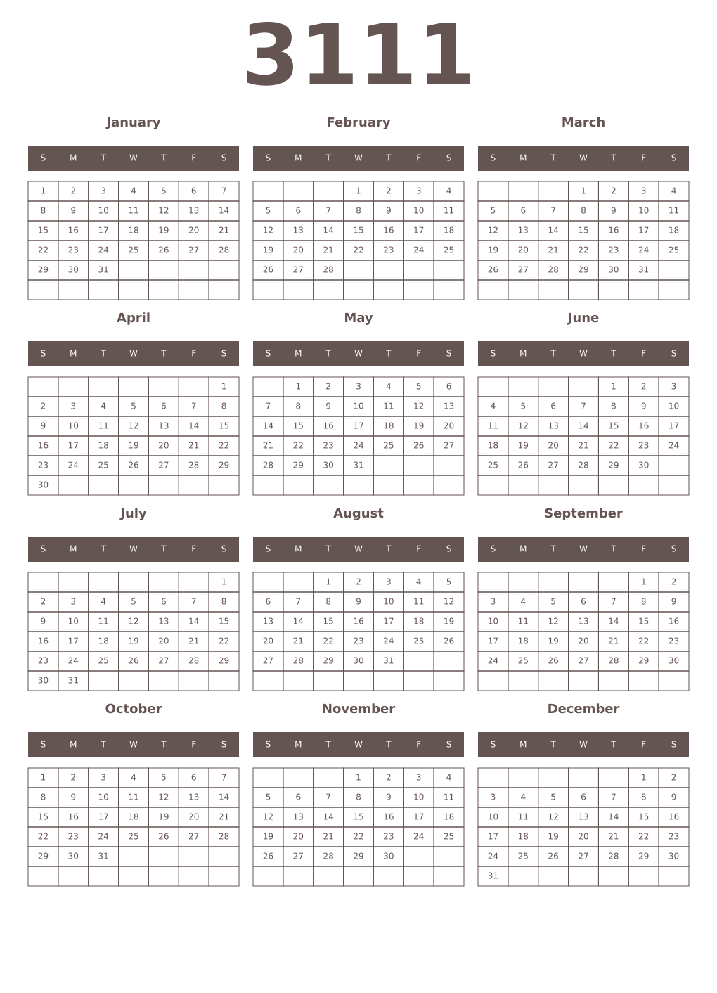 Printable 3111 Year Calendars wenge