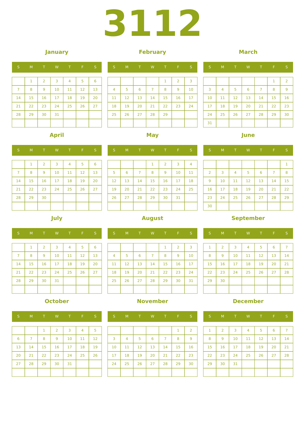 Printable 3112 Year Calendars chartreuse