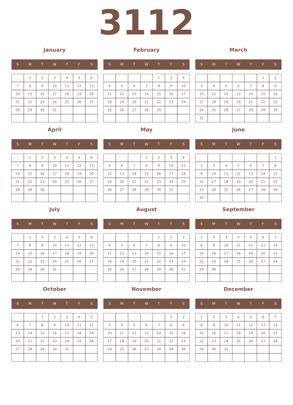 Printable 3112 Year Calendars coffe