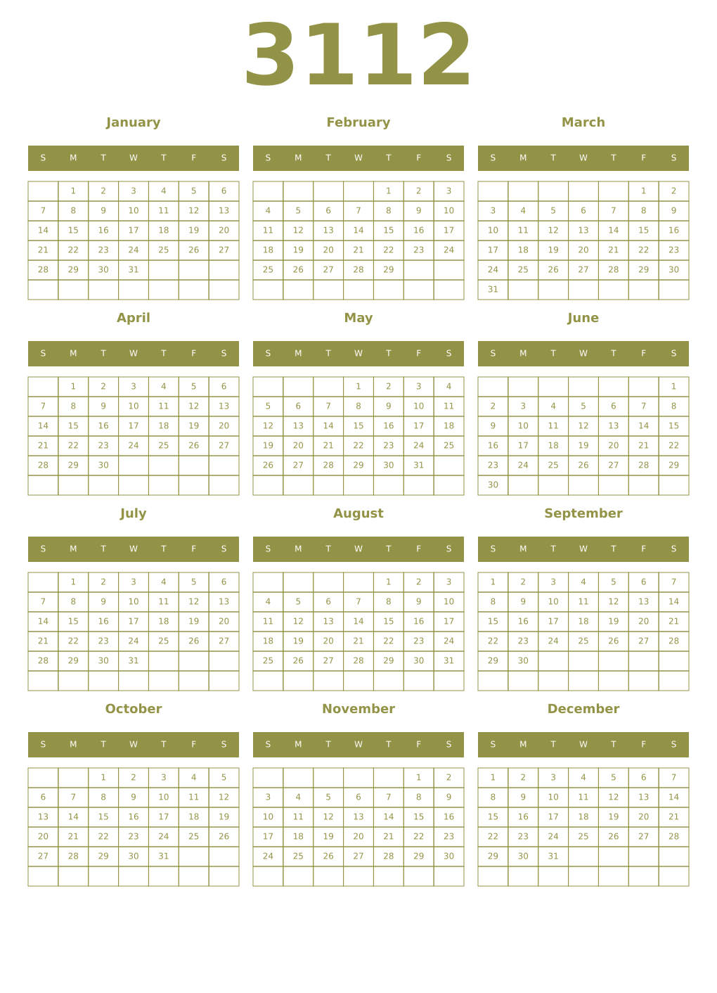 Printable 3112 Year Calendars eburnean