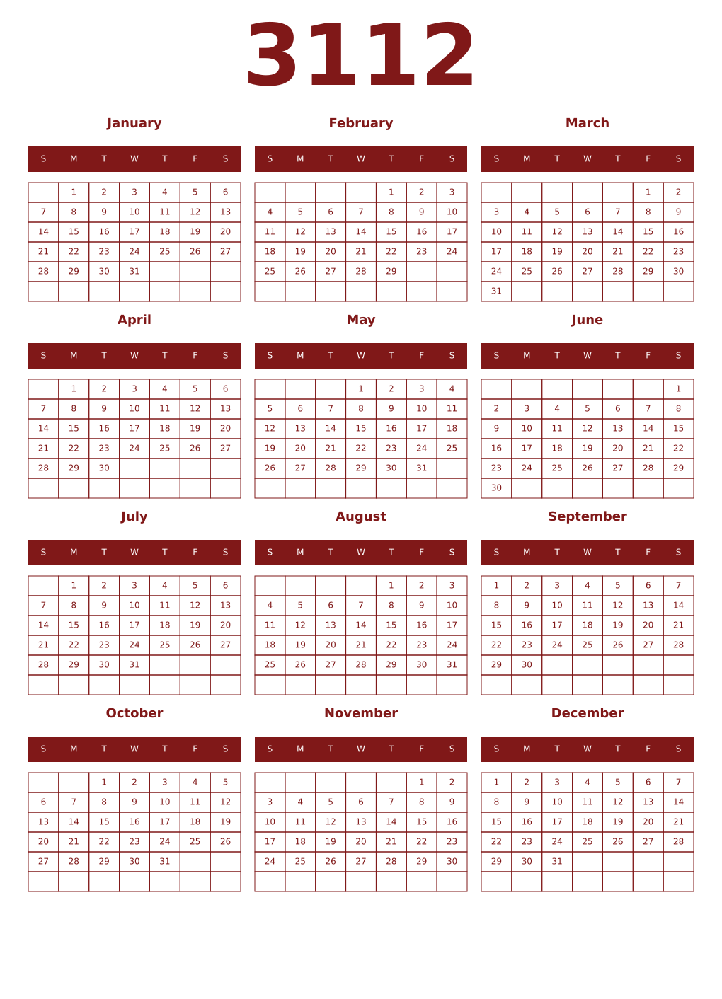 Printable 3112 Year Calendars falu
