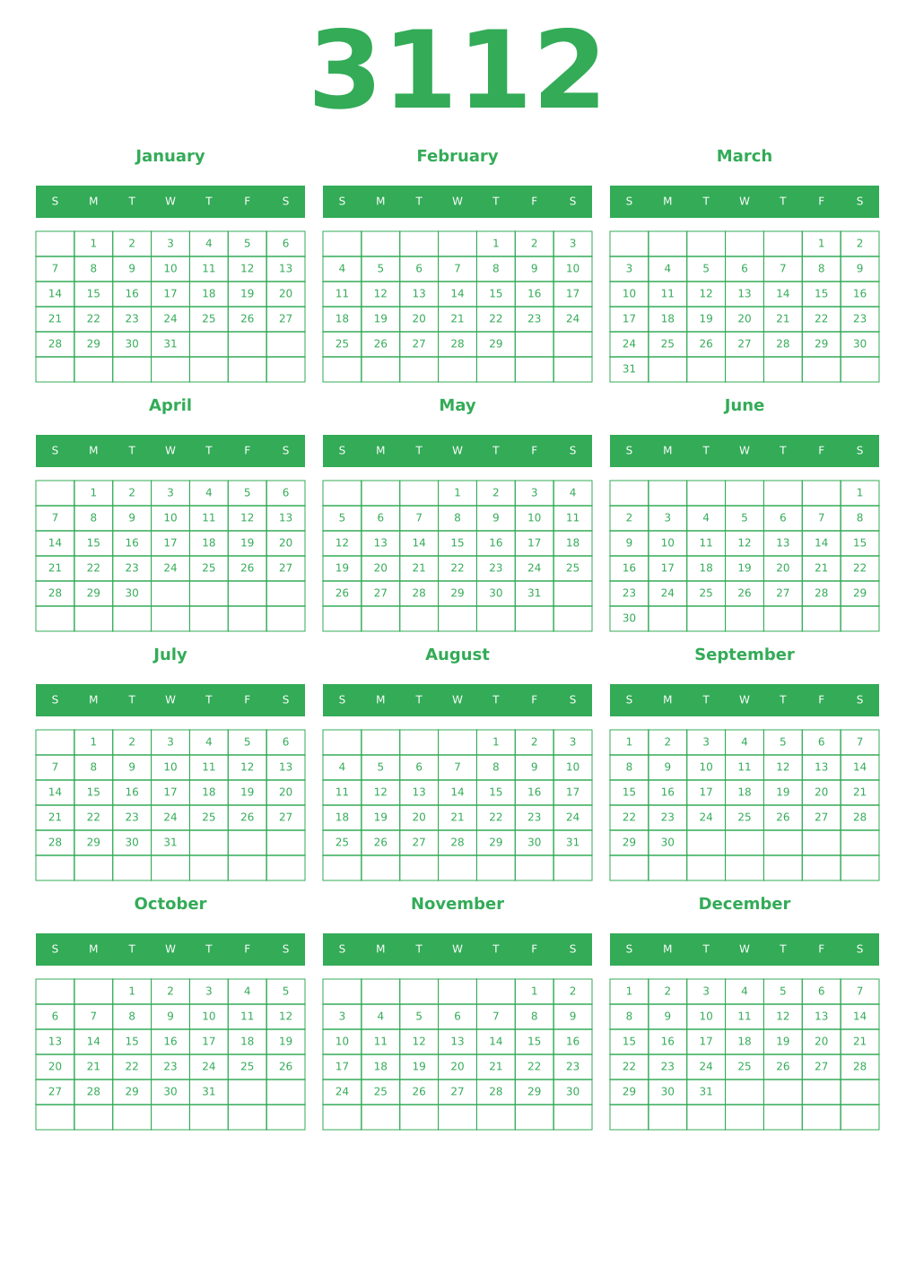Printable 3112 Year Calendars green