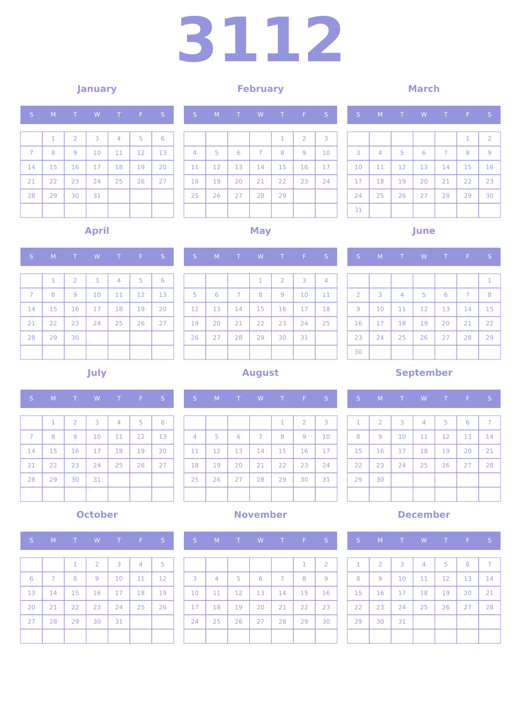 Printable 3112 Year Calendars periwinkle