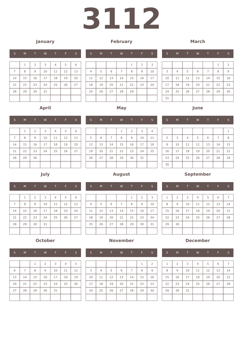 Printable 3112 Year Calendars wenge