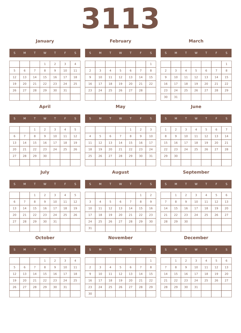 Printable 3113 Year Calendars coffe