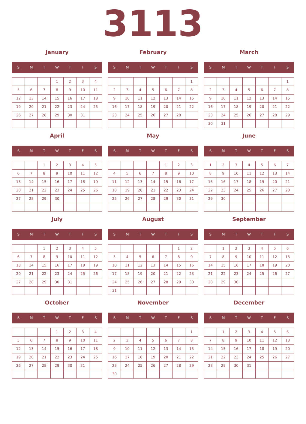 Printable 3113 Year Calendars cordovan