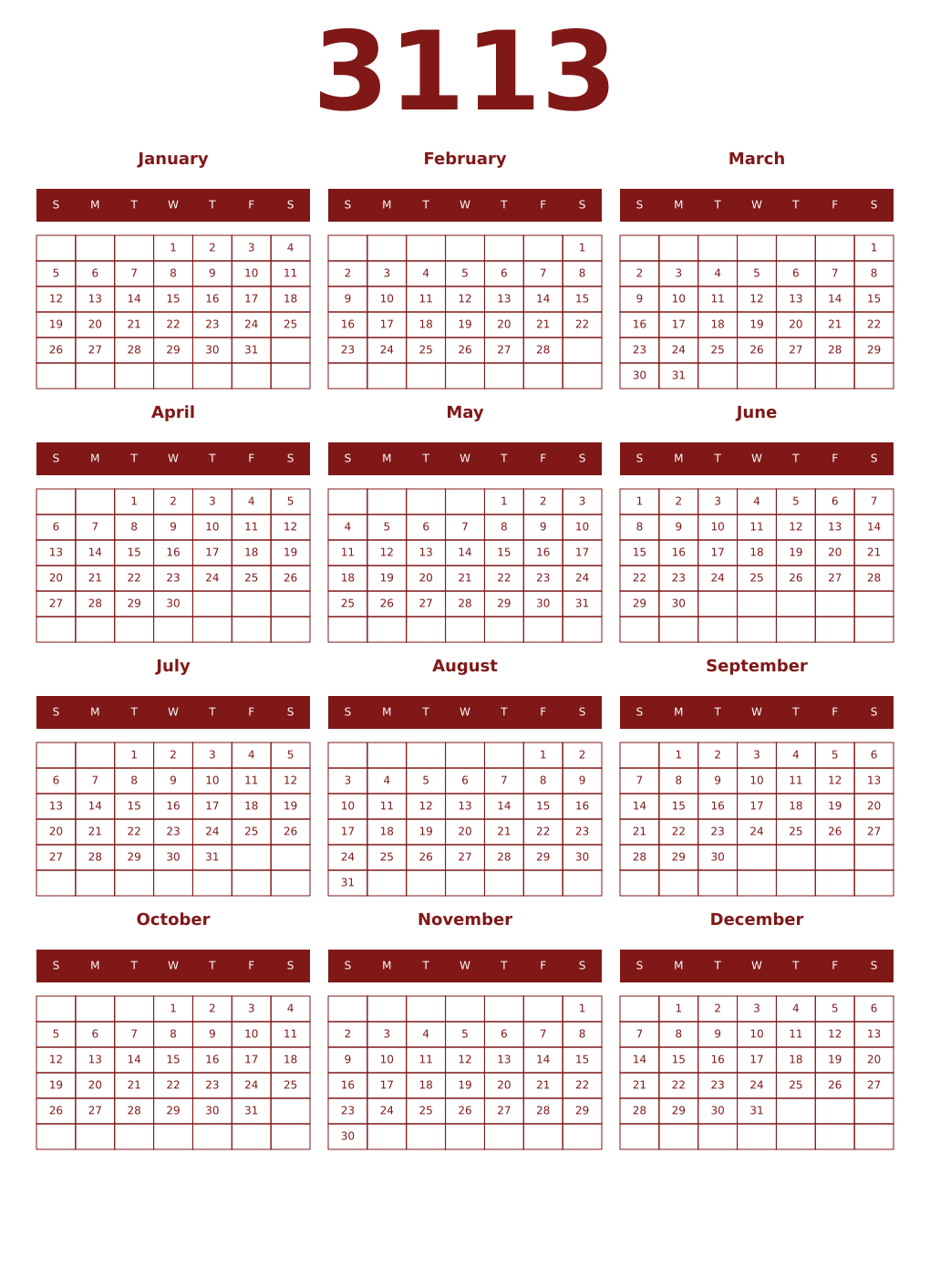 Printable 3113 Year Calendars falu