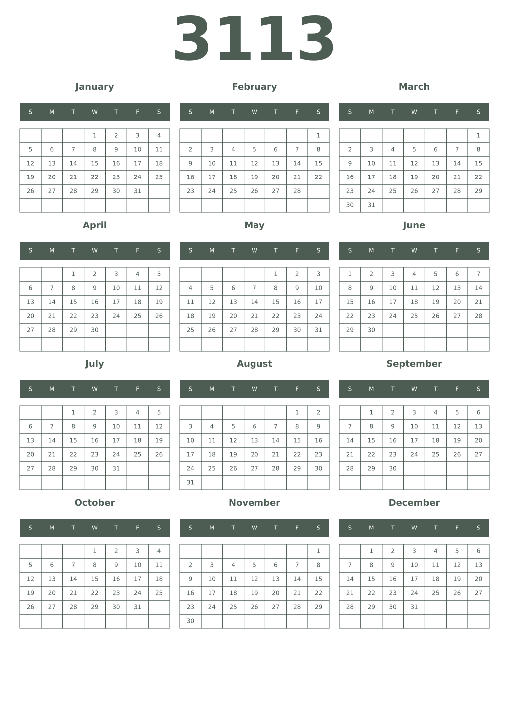 Printable 3113 Year Calendars feldgrau