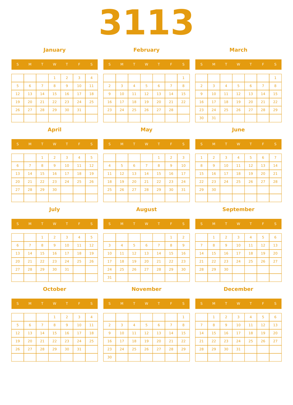 Printable 3113 Year Calendars gamboge