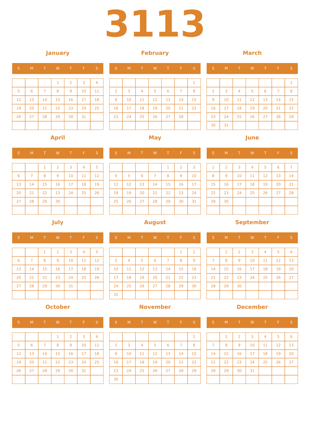 Printable 3113 Year Calendars orange