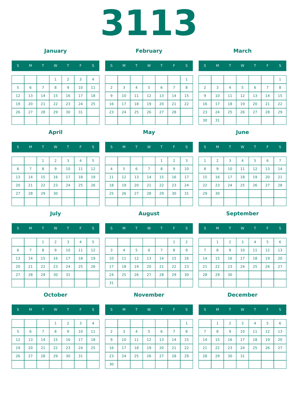 Printable 3113 Year Calendars pastel
